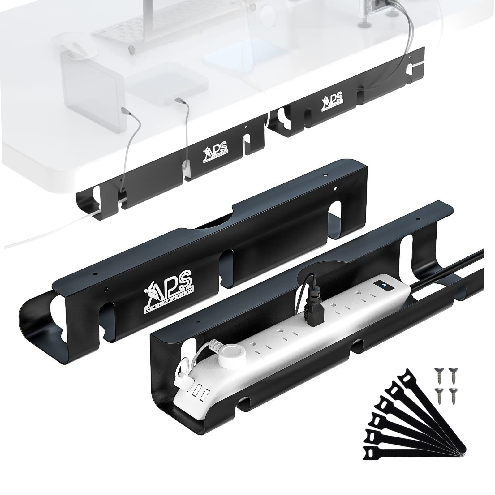 APS Kabel-Raceway-Tablett unter dem Schreibtisch, 40,6 cm, stabiler Metallkordel-Organizer, ohne Bohren, Klemmhalterung zum Verstecken von Draht, hält 6,8 kg + für Büro und Zuhause, Schwarz, 2 Stück