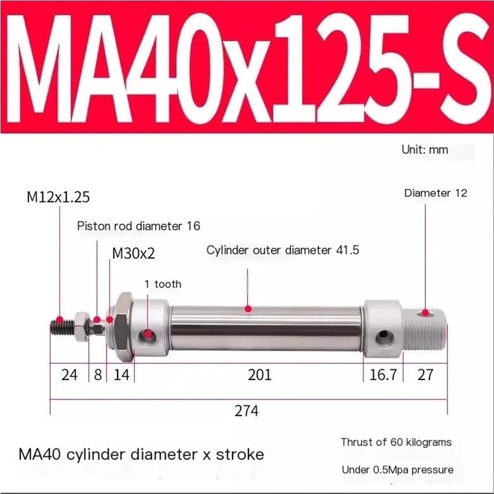 Cilindro de vástago de pistón Cilindro neumático de acero inoxidable carrera ajustable, serie MA40 S CA, 1 unidad, for automatización(125mm)