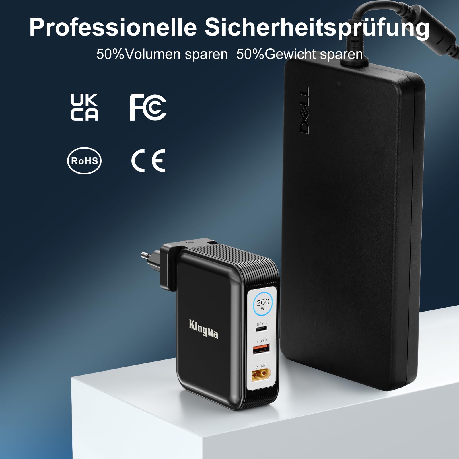 Caricatore portatile da 260 W (20 V/13 A), compatibile con Dell Alienware m16 R2/X16 R2, portatile GaN pieghevole per laptop da gioco, caricatore rapido PD 3.0 con cavo da 74 – 50 mm