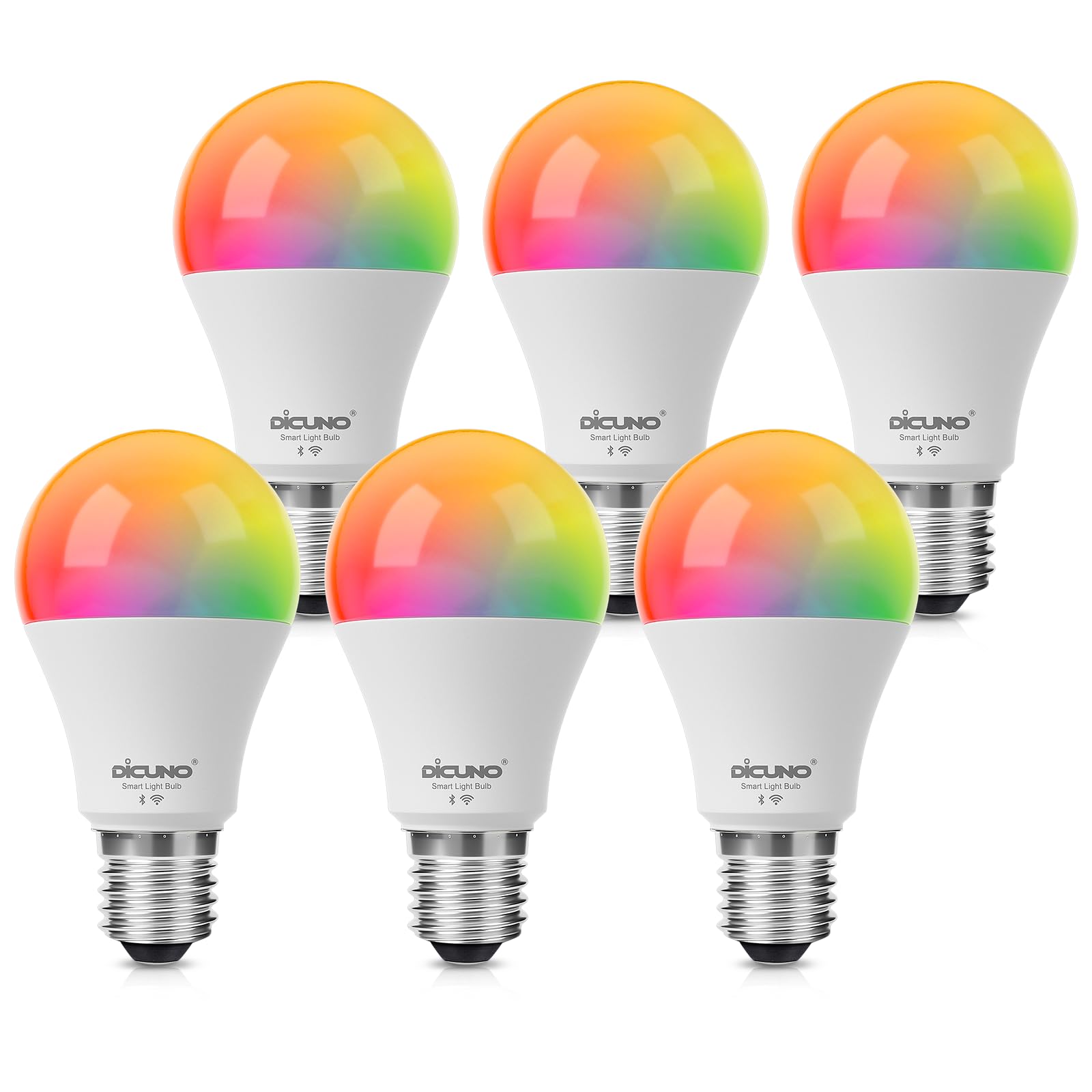DiCUNO Smart Light Bulbs, Full Color Changing Bulb, Compatible with Alexa, Google Assistant, No Hub Required, RGBCW Multicolor Dimmable Smart LED WiFi Bluetooth A19 E26 9W 800LM Lights, 6-Pack 6 Pack