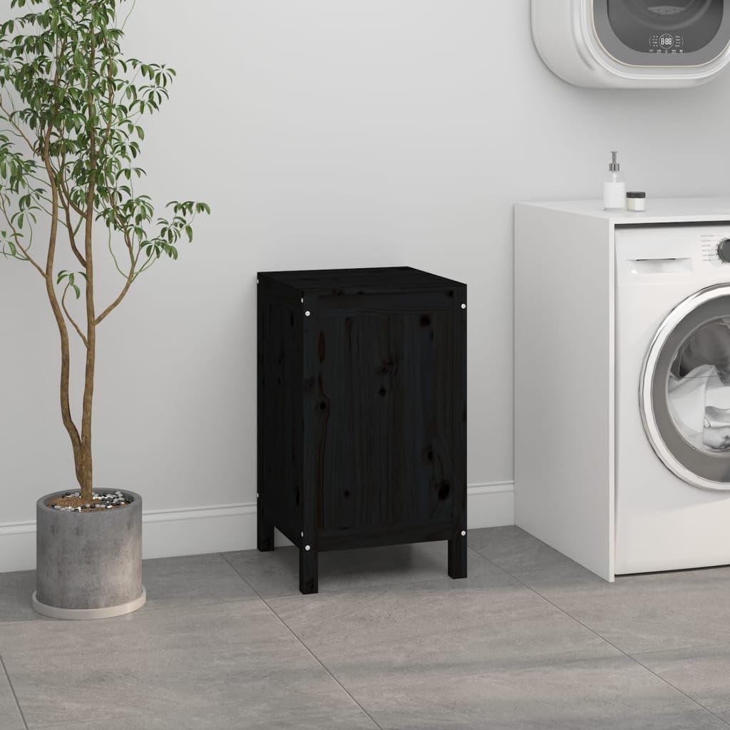 Wäschetruhe Schwarz 44x44x76 cm aus massivem Kiefernholz mit Deckel Gasdruckfeder, Wäschebehälter und Wäschesortierer für Bad, Schlafzimmer und Waschküche