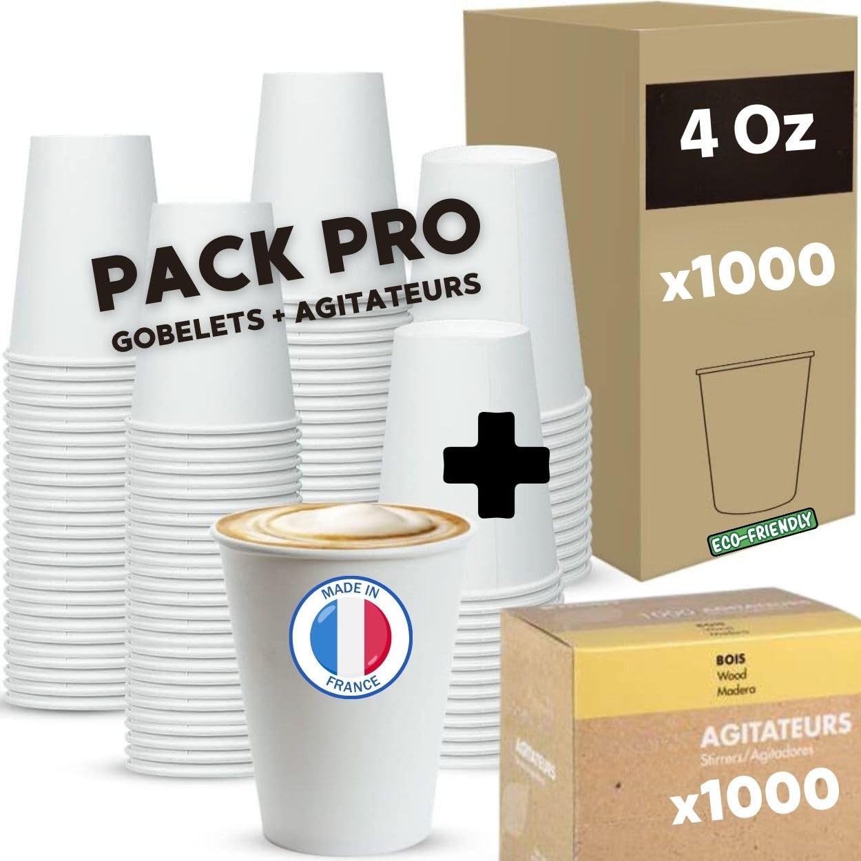 Kit Pro 1000 Gobelets 10 cl Carton Blanc Jetable + 1000 Agitateurs Bois | Rigide, Lisse, Boissons Chaudes (Café - Thé - Potages) | Bord Roulé | Sachets De 50 Unités | Gobelet Recyclable (4 Oz (10cl))