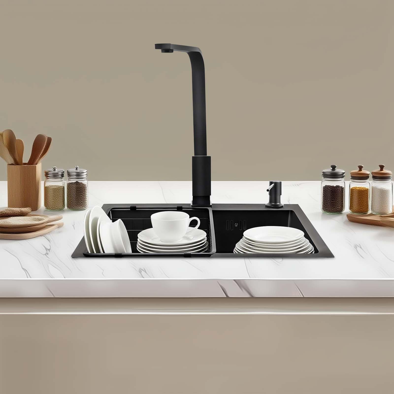 Fregadero de cocina negro de 45 x 40 cm, de acero inoxidable, con grifería, incluye escurridor, dispensador de jabón, grifo giratorio 360°, color negro mate