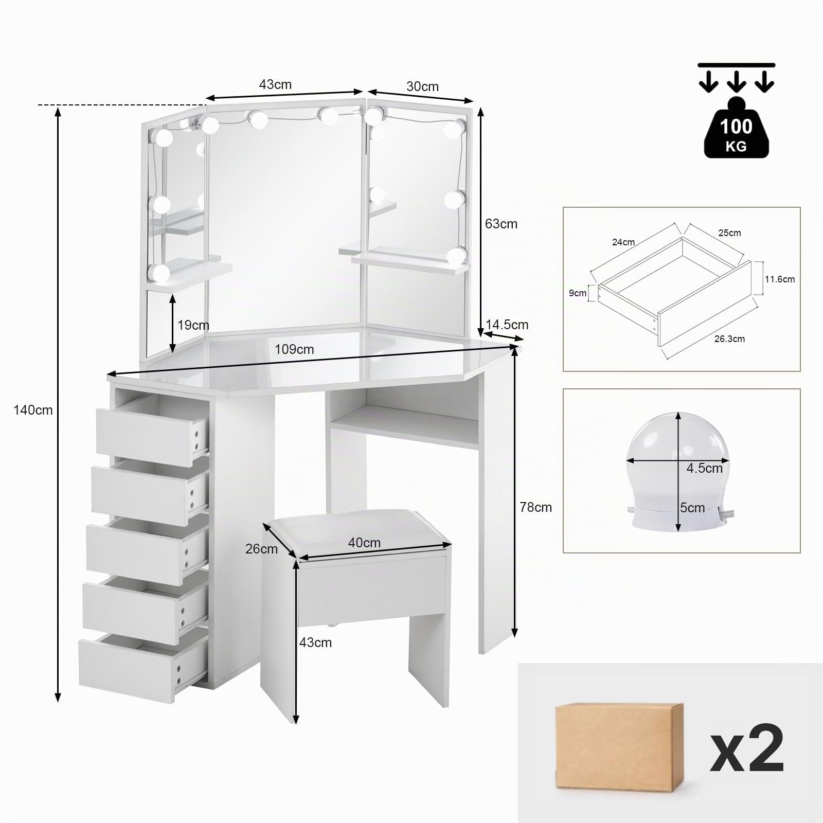 TUKAILAi Toeletta con Specchio Tre Lati, Toeletta da Trucco Moderno con Luci LED y Sgabello, Tavolo da Trucco Angolare Bianco con 5 Cassettis e 2 Mensole Aperte 114 * 61 * 140cm Camere da Letto