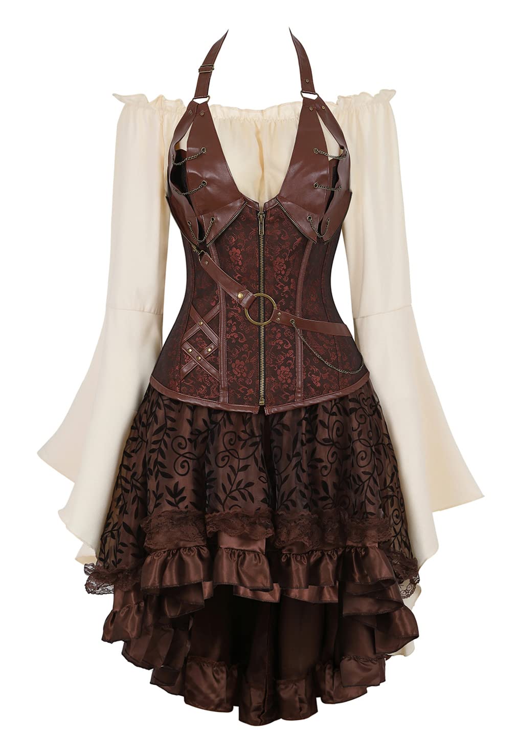 Grebrafan Corset Femme Cuir avec Jupe Tulle et Chemisier Steampunk