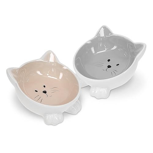 Navaris 2 x Ceramic Cat Bowls - Twin Pack of Cat Feeding Dishes with Anti Slip Silicone Feet - Grey and Beige Cat Shaped Food and Water Bowls for Cats - Grey and Beige