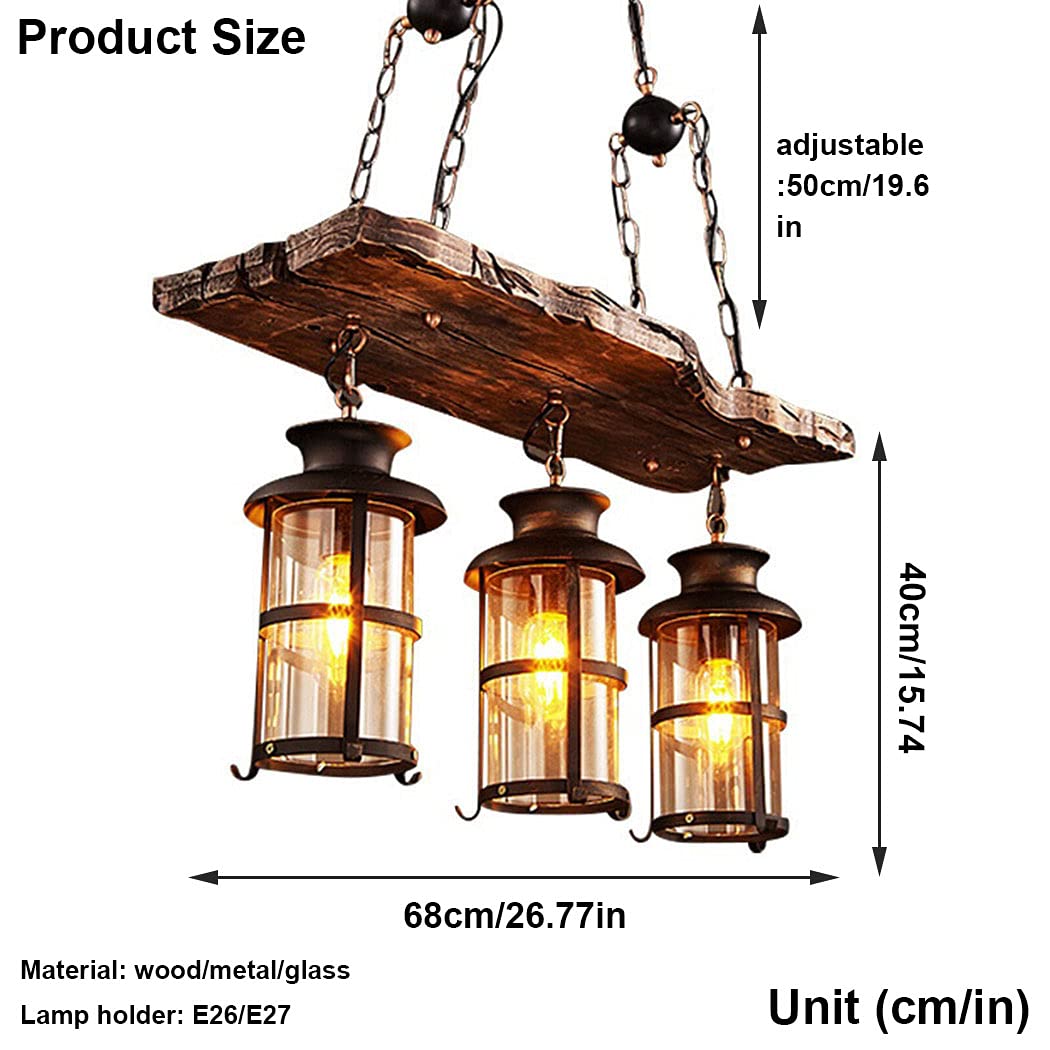 Drewniana lampa wisząca w stylu wiejskim, rustykalny drewniany przemysłowy żyrandol oświetlenie wyspy kuchennej, 2 światła, vintage czarny metalowy żyrandol wiszący, szklany klosz