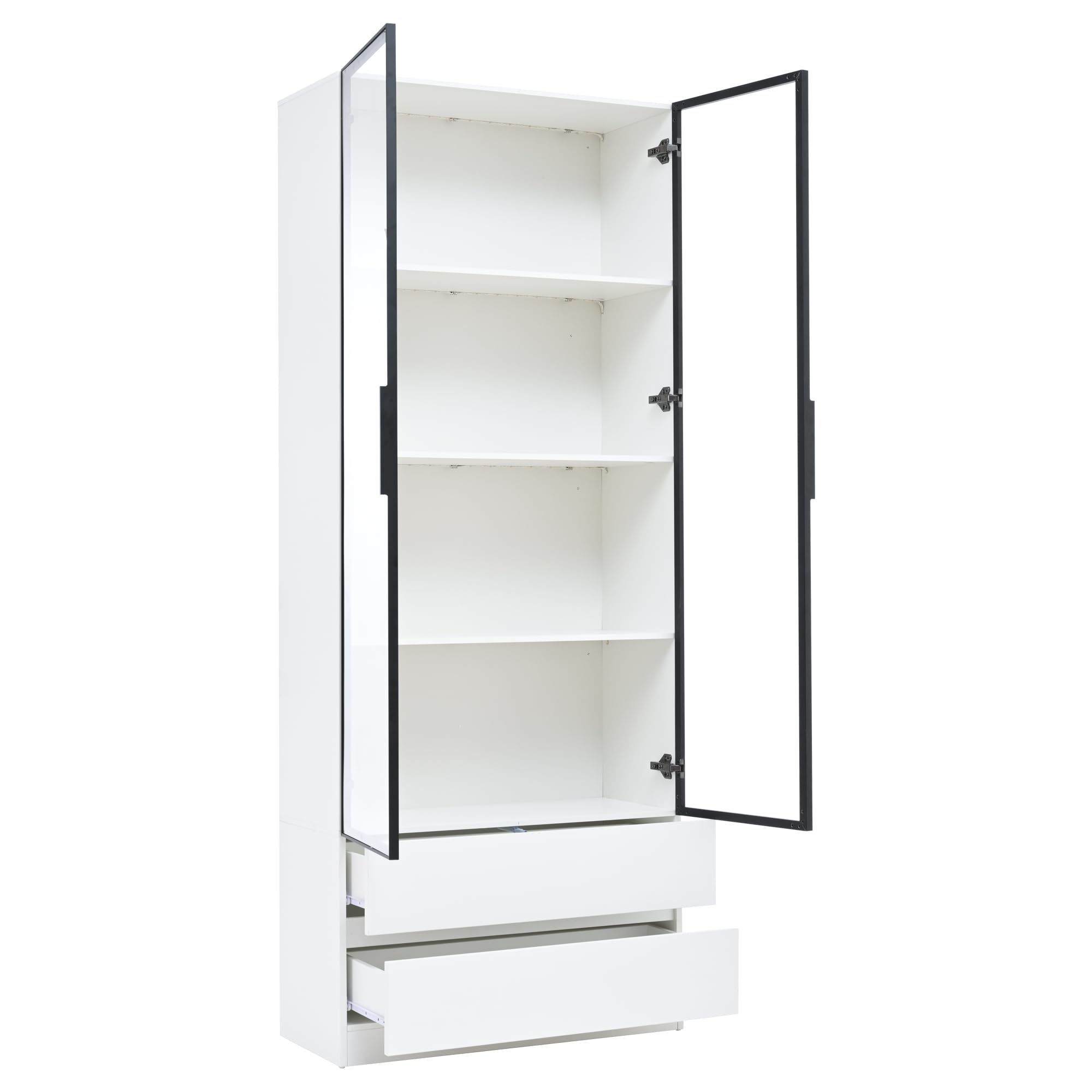 Vitrina, 80 x 34 x 200 cm, armario alto con luces LED, armario auxiliar para salón con 2 puertas, armarios de vitrina con 2 cajones, estantería, estantería, estante de exhibición, marco de