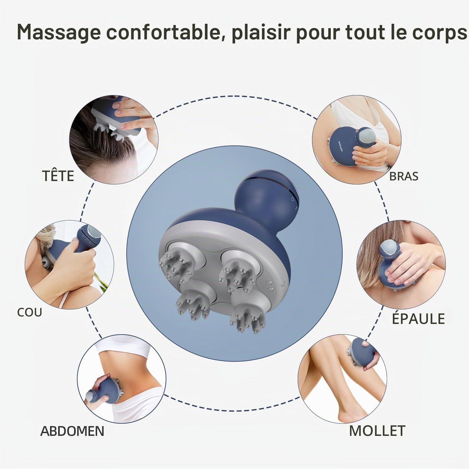 cotsoco Masseur électrique pour cuir chevelu - Étanche - 4 têtes - 84 nœuds - Pour la croissance des cheveux et le relâchement du stress - Bleu