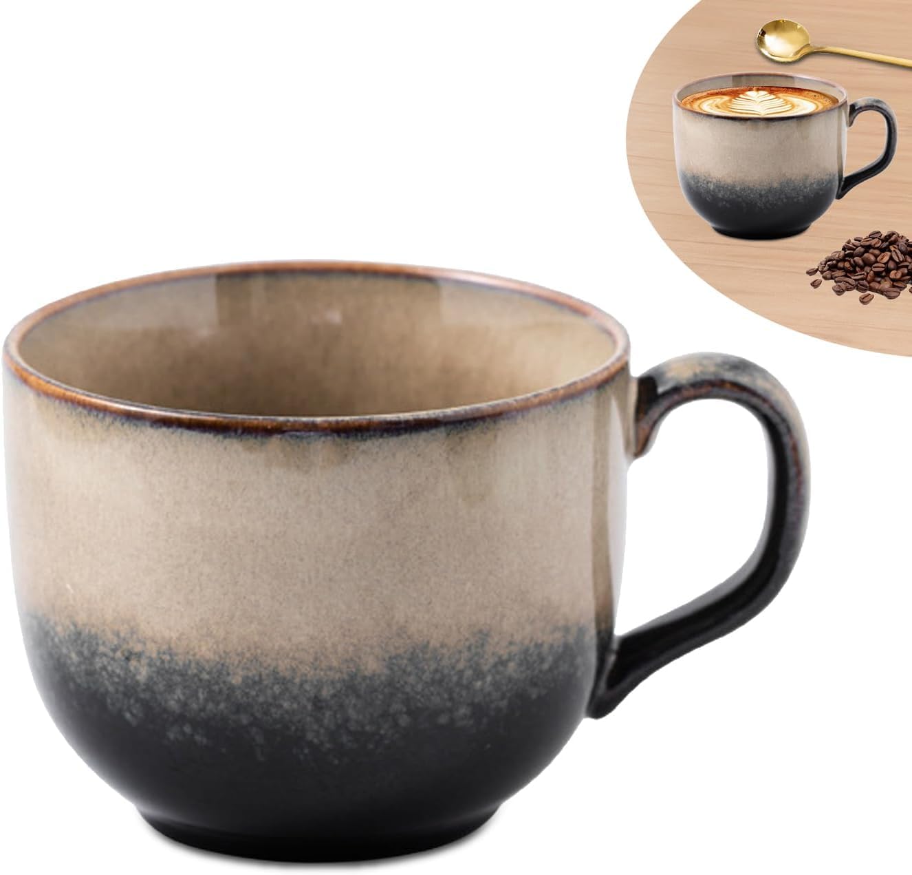 Keramische mok, 480 ml, vintage koffiemok met handvat, 480 ml, grote theekopje, aardewerk, cappuccinokopjes, keramische mokken voor kantoor en thuis