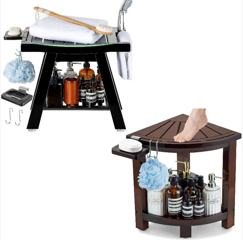 ETECHMART A-Shaped Shower Bench + Corner Shower Stool (Espresso+Walnut)