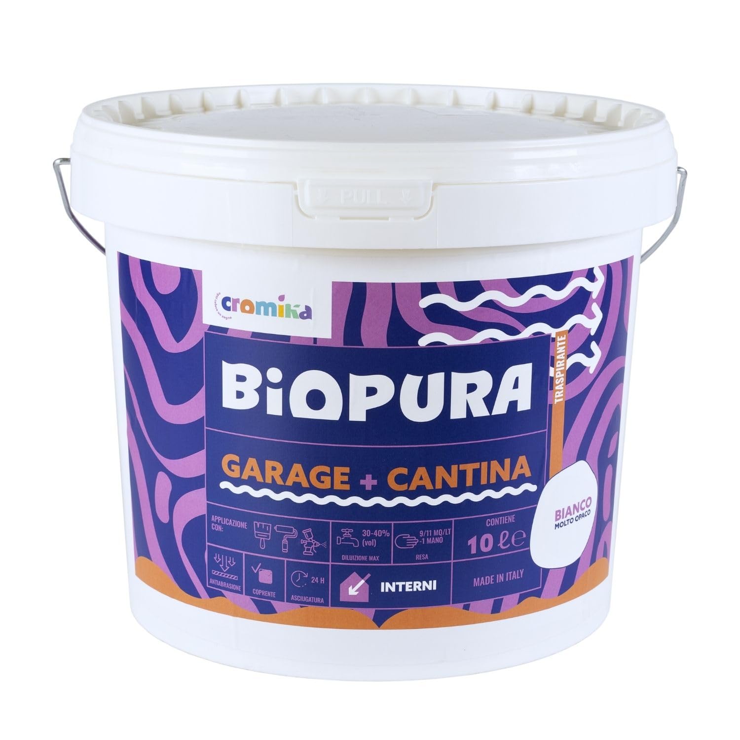 CROMIKA BIOPURA Garage e Cantina Pittura Murale Traspirante, Bianca Opaca, Contro la Muffa Made in Italy (Bianco, Litri 10)