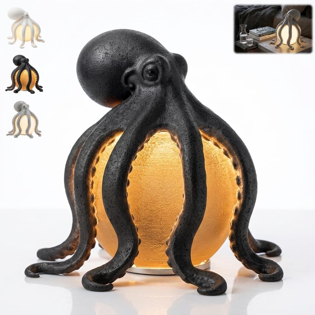 Ośmiornica lampa stołowa, dekoracja oceanu przybrzeżnego z ciepłym blaskiem LED, morska lampka nocna USB do sypialni i salonu akcent