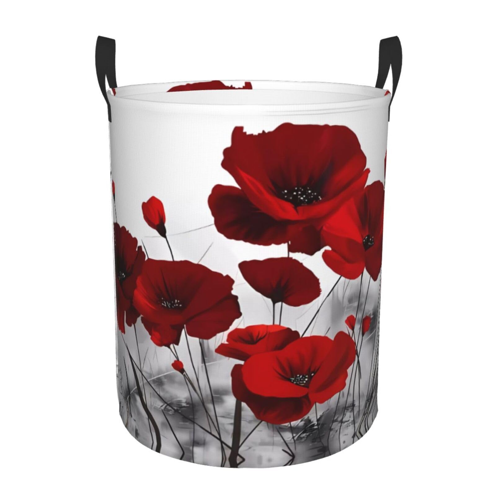 S Collapsible Red Poppy Flower Print Circular Hamper Round