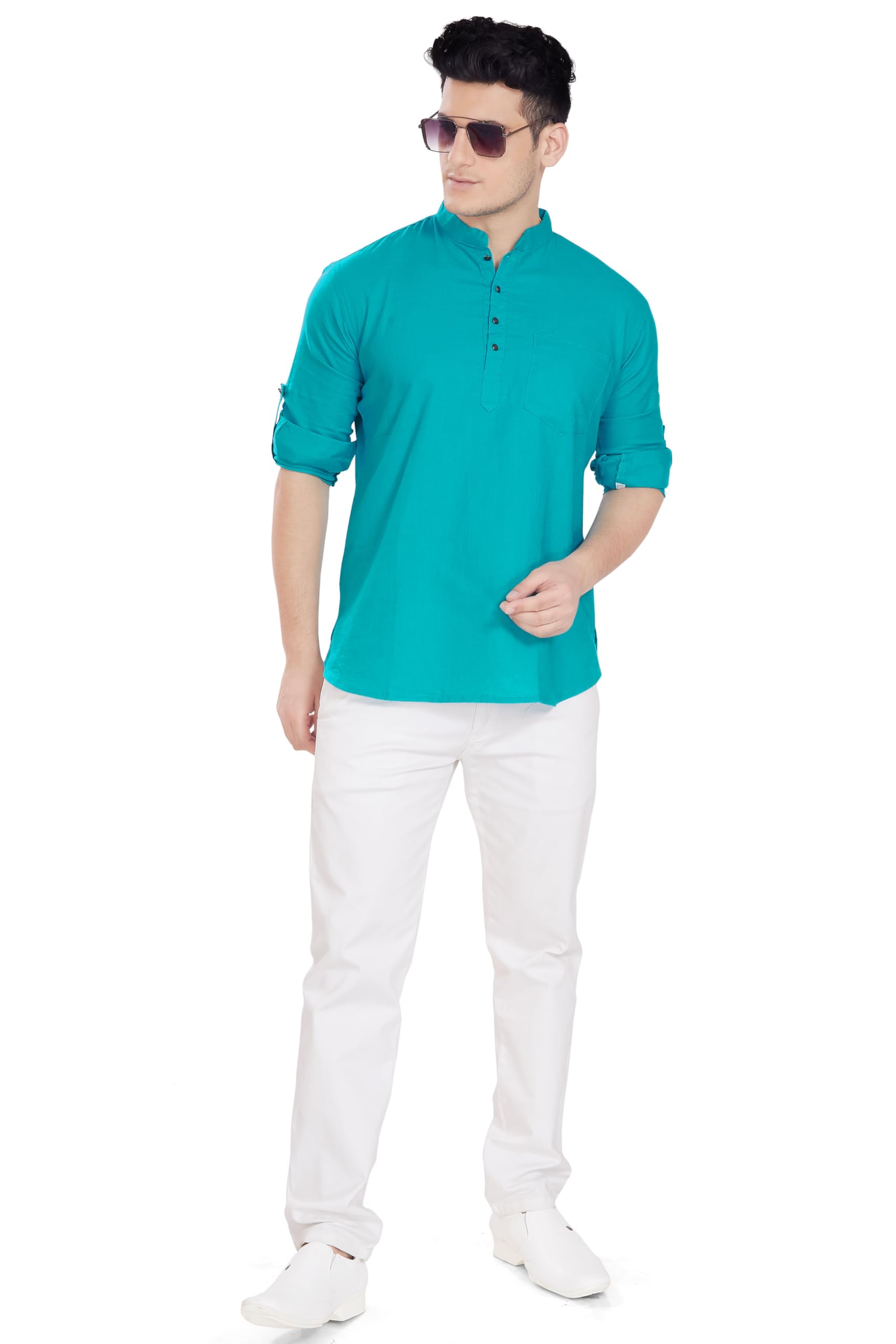 Divisive Men's Pure Cotton Relaxed Fit Short Kurta (Dkrt260_L_Turquoise)
