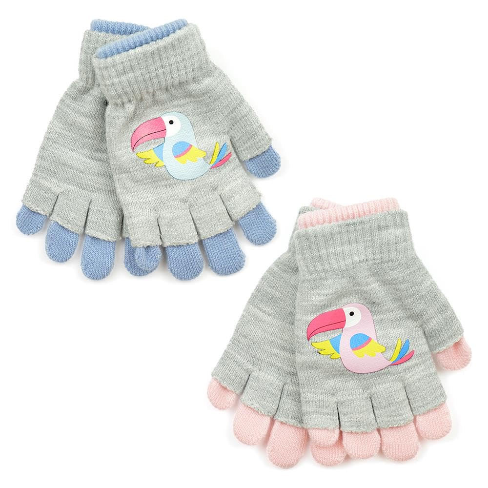 Girls Gloves 2 Pack Double Layer Gloves Winter Warm Thermal Magic Bird Mittens 2 in 1 Full/Half Fingers Stretchy Gloves Kids Girls Walking Riding Grippers One Size Fit Ages 5-13 Year