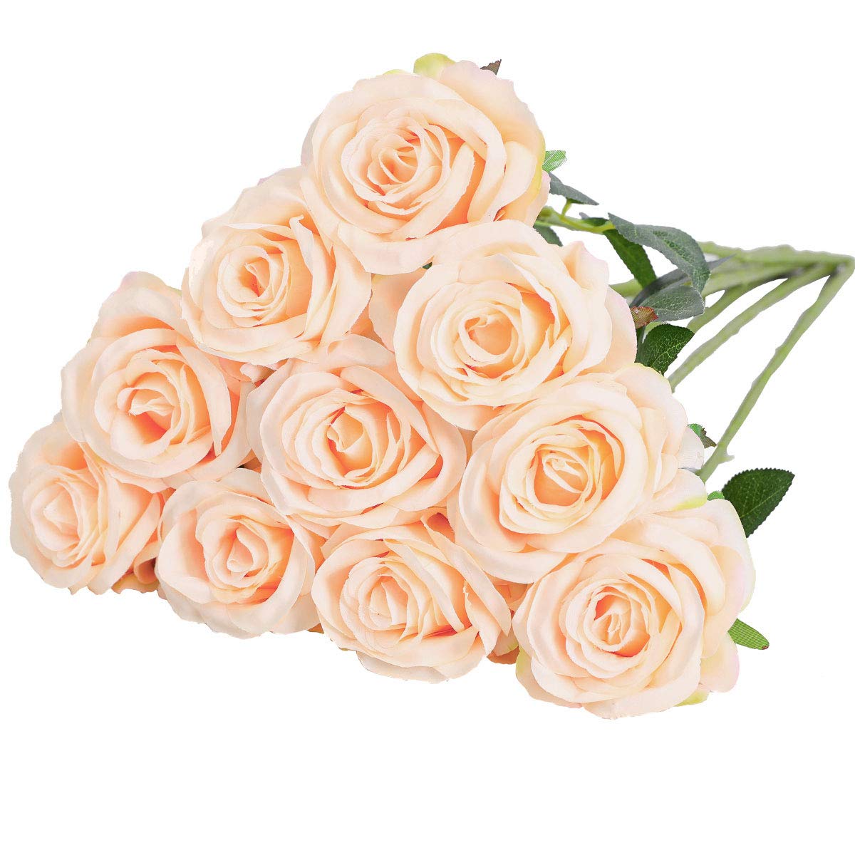 Nubry Artificial Silk Rose Flower Single Stem Lifelike Fake Rose for Wedding Bouquet Floral Arrangements Home Party Centerpiece Decoration, 10pcs (Champagne)