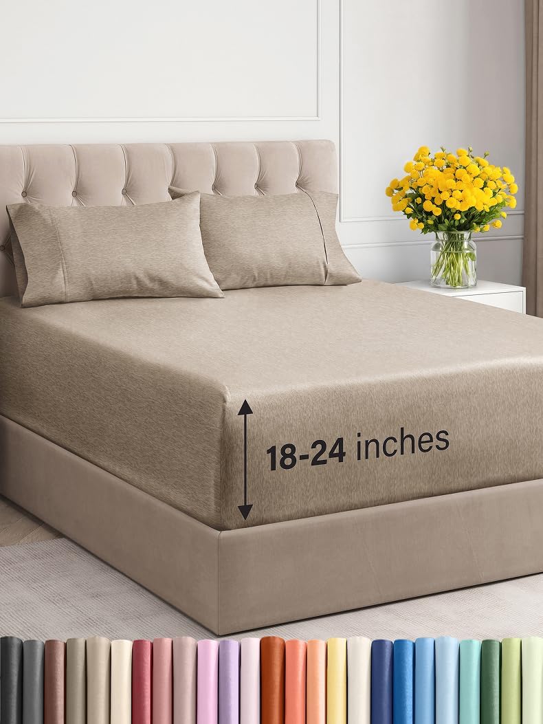 Extra Deep Twin XL Sheet Set - 4 Piece Breathable & Cooling Sheets - Hotel Luxury Bed Sheets Set - Easy Fit - Soft, Wrinkle Free & Comfy Sheets Set - Heathered Beige Sheet Set w/Extra Deep Pockets