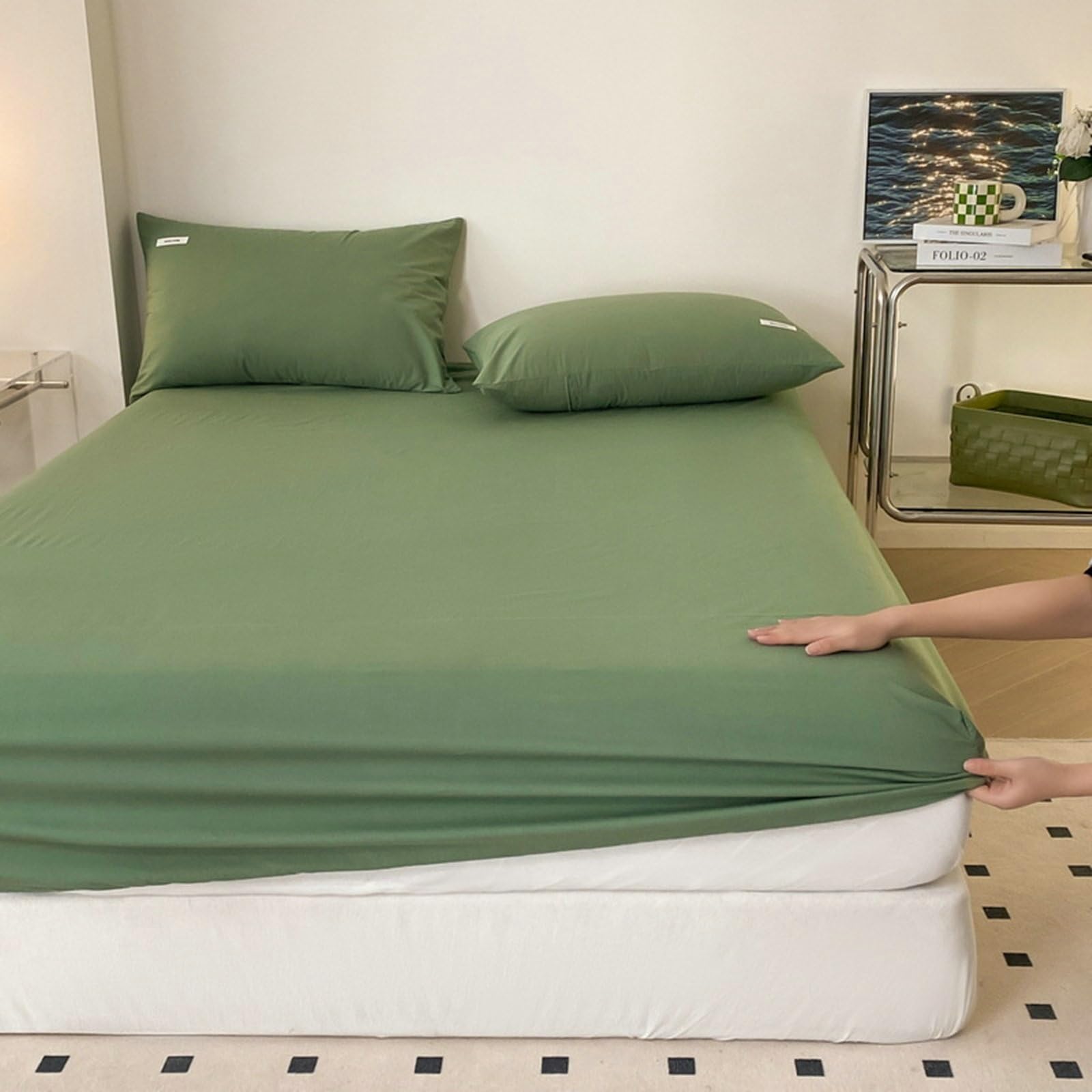 EpinkiSuper King Size Fitted Sheet with 2 Pillow Cases, 180x200cm, Deep Pocket 25 cm, Green, Cotton Solid Color Bed Sheet