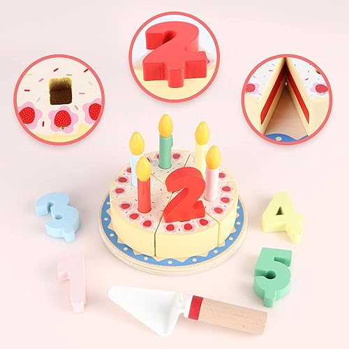 Miniatura 6 de Juego de pastel de madera para cortar, pastel falso con velas y números, juego de comida de simulación, juguetes Montessori para fiestas de té,