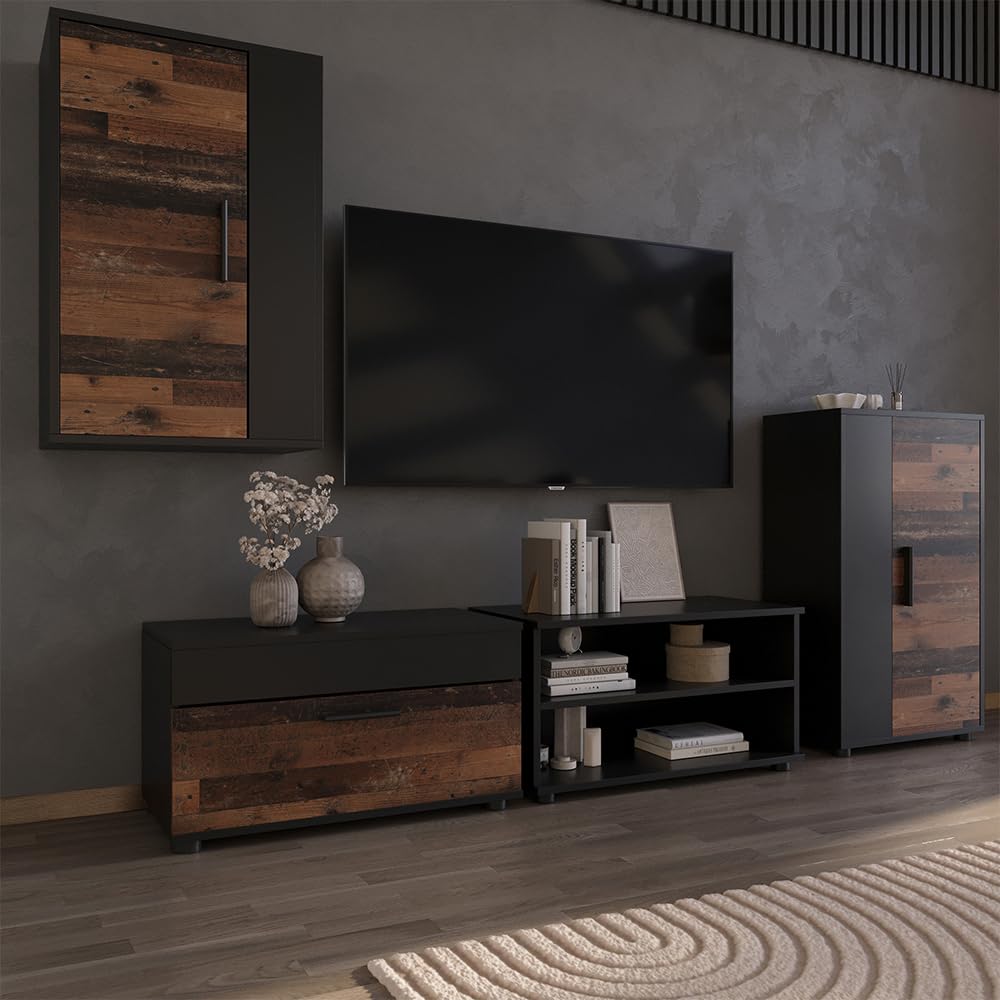 Vicco Armarios de salón Berno, Negro/Antiguo | 2 partes, para almacenar dispositivos multimedia y accesorios para el hogar