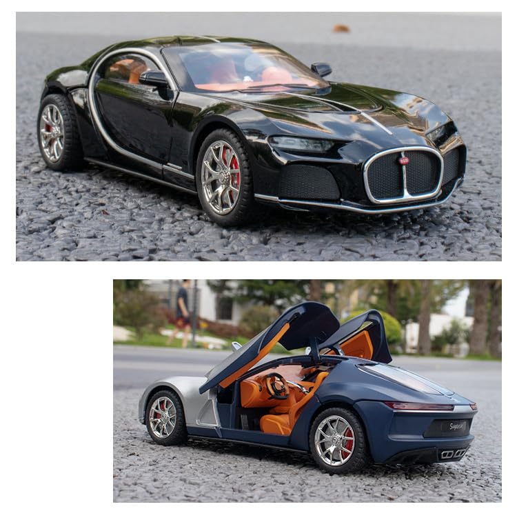 Image of 1:24 Bugatti Atlantic Model Zinc Alloy Diecast Metal Pullback Openable Doors Toy Cars with Flashing Light and Musical Sound Toy Vehicle for Kids Black