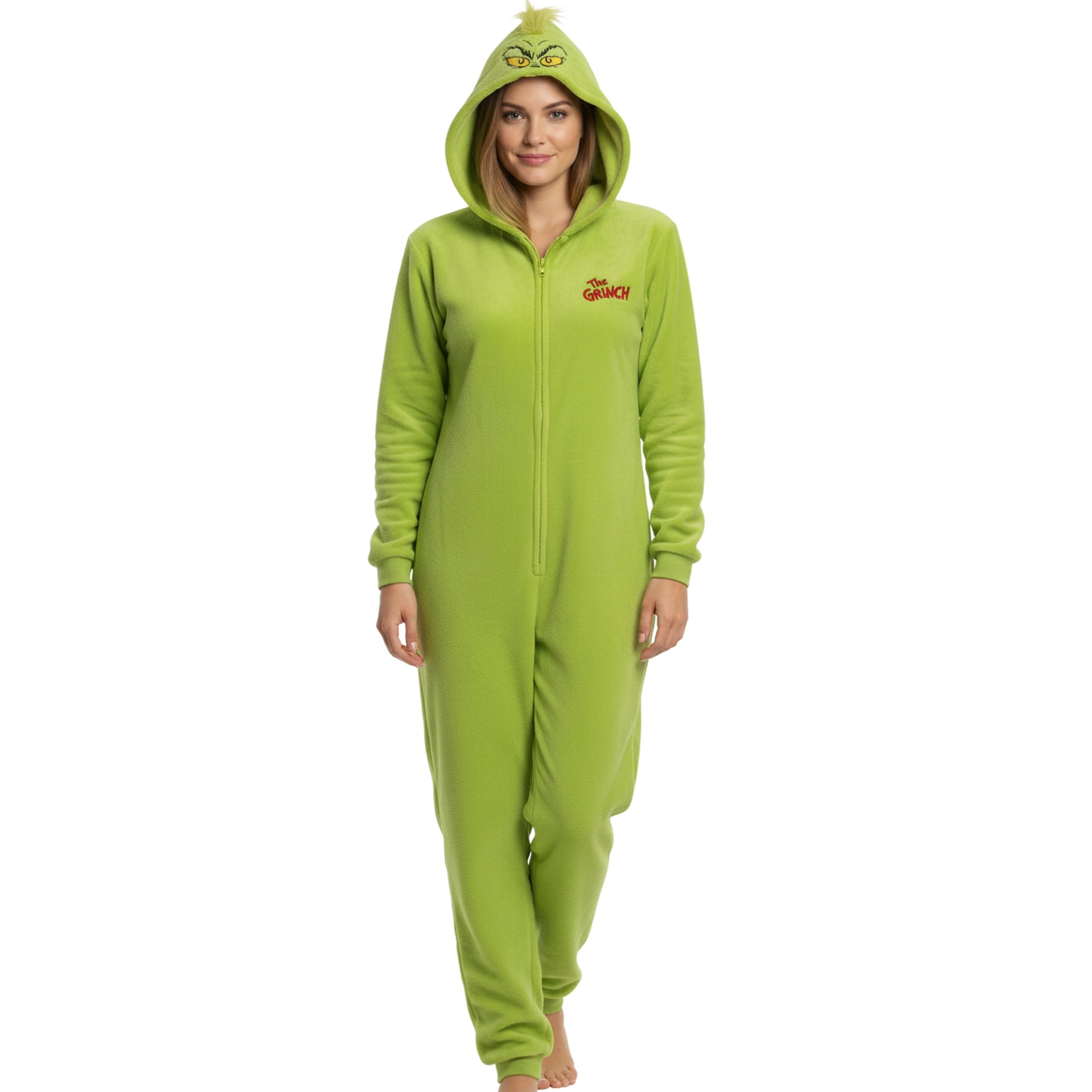 Grinch POLAROWA piżama JEDNOCZĘŚCIOWA zapinana na zamek, damskie CIEPŁE onesie z kapturem