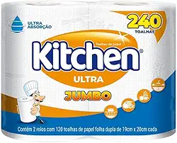 Papel Toalha Kitchen Jumbo Folha Dupla - Pack com 2 rolos de 120 unidades de 19x22 cm cada, Branco