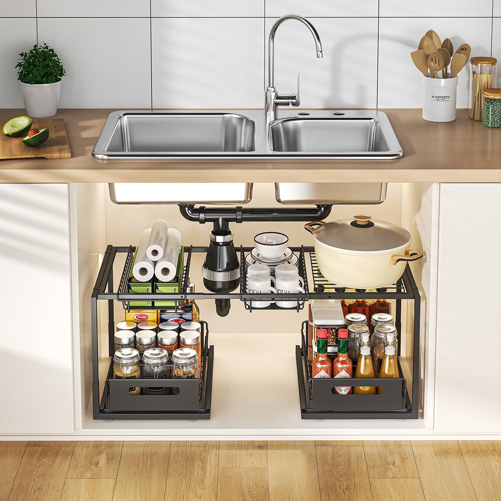 YunNasi Organizer Sottolavello Cucina, Salvaspazio 2 Livelli Cestelli in Acciaio, Cassetto Scaffale Organizzatore Regolabili in Altezza per Cucina Bagno (Nero, B-Stile)