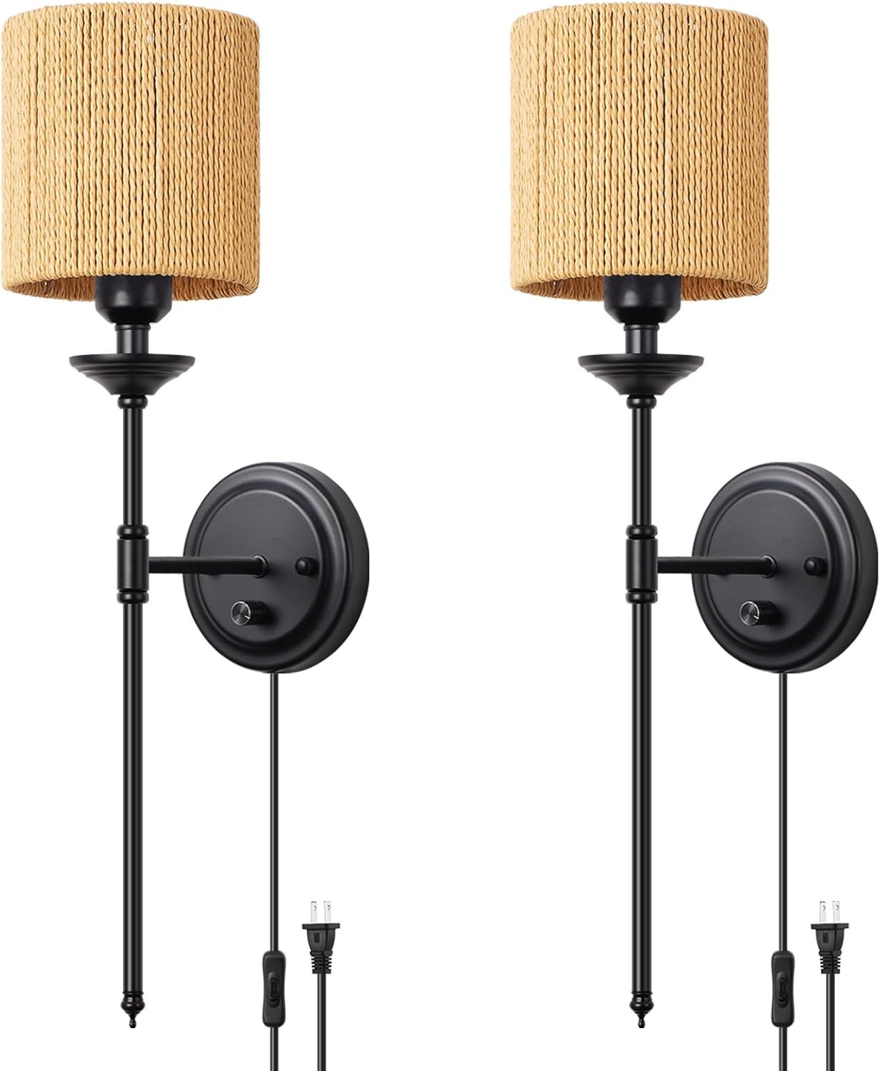 Dimmable Plug in Wall Sconces Set of 2, Gold Bedside Wall Lamp with Knob Dimmer Switch and 6.5FT Electric Cord, Mid Century Modern Bathroom Wall Light Fixture for Bedroom Living Room