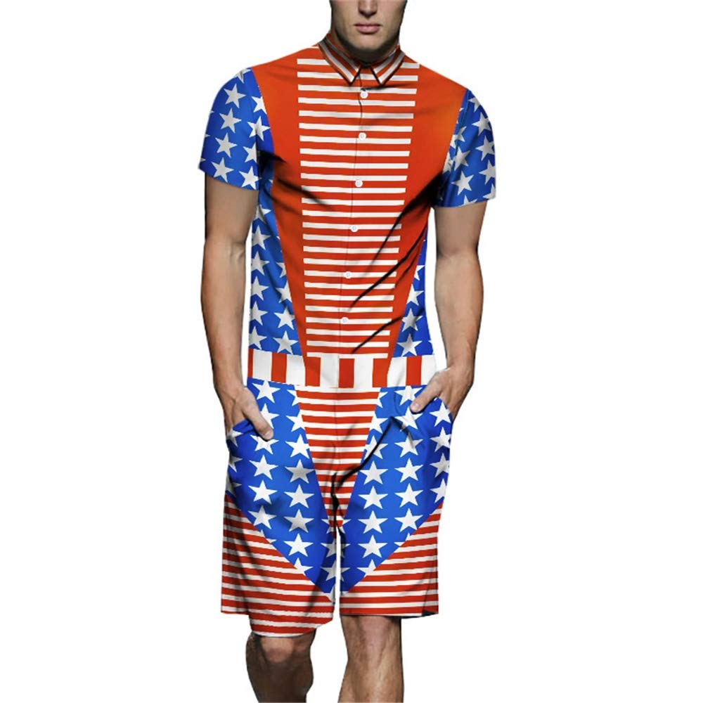 BaronHong Męskie śpioszki swobodne Star Stripes 3D grafika jednoczęściowe Button Down krótki rękaw kombinezon