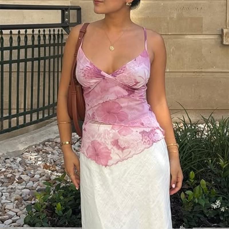 Women Y2k Mesh Tank Top Camisole Floral Print Spaghetti Strap Sleeveless V Neck Going Out Tops Cami Shirts3