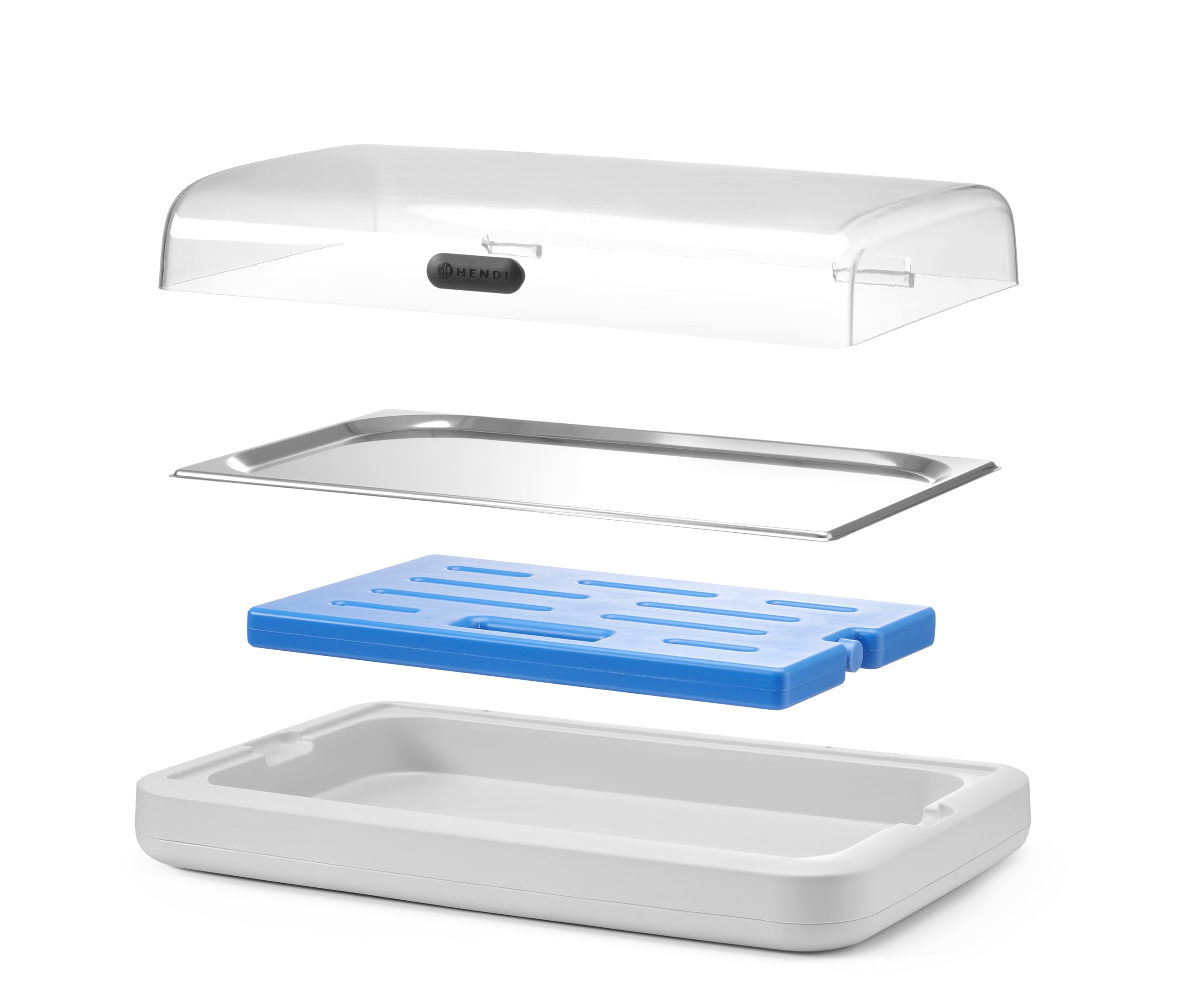 HENDI Expositor refrigerado UNIQ con cubierta transparente abatible de ABS, conjunto exhibidor con bandeja de acero inoxidable GN 1/1, bloque refrigerante, 593x389x(H)147mm, polipropileno, blanco