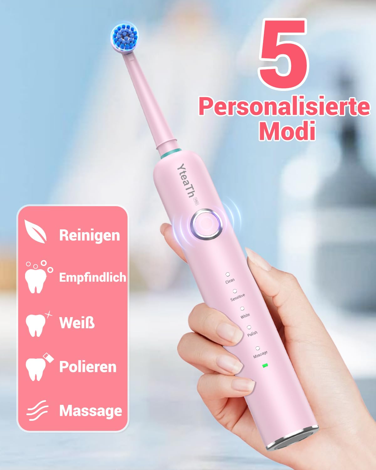 Cepillo de Dientes Eléctrico de Rotación para Blanqueador Dental - Cepillo Electrico con 8 Cabezales, Estuche de Viaje, 5 Modos, IPX7, Cepillo Dientes Electrico Viaje Recargable, Rosa Cereza
