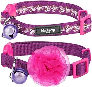 Blueberry Pet Pack of 2 Cat Collars, The Floral Power Stunning Plum Adjustable Breakaway Cat Collar with Bell & Detachable Flower, Neck 9