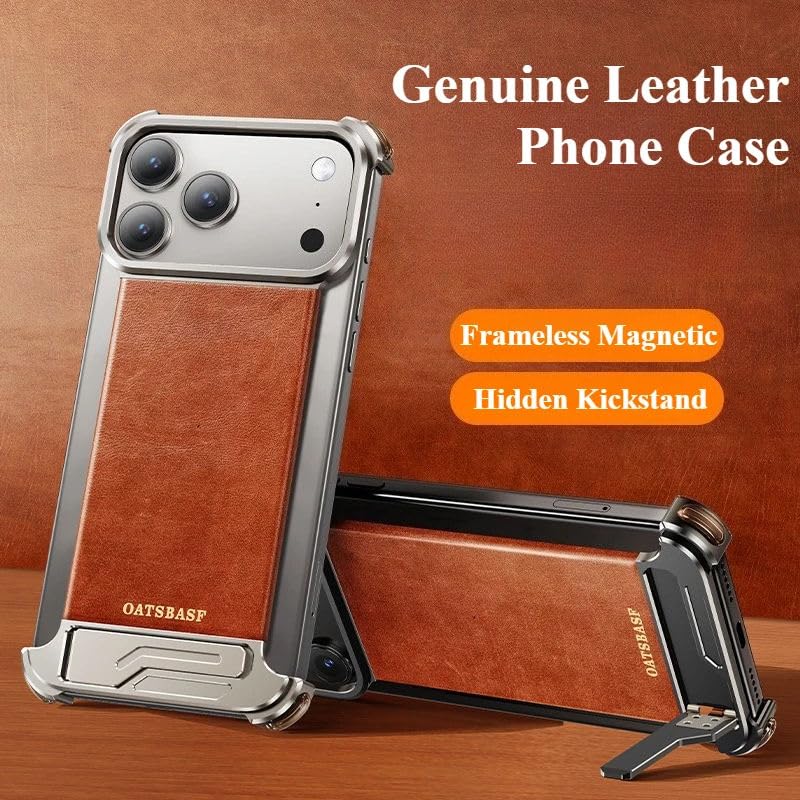 Image of Luxury Magnetic Leather Phone Case Compatible with iPhone 17 Pro Max with Hidden Stand | Frameless Aluminum Alloy Bumper | Shockproof Cover - Black