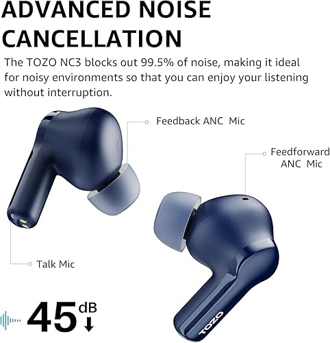 Miniatura 3 de TOZO Auriculares inalámbricos híbridos con cancelación activa de ruido con 6 micrófonos AI Clear Call Ear Buds 68H Playtime con pantalla LED, 32