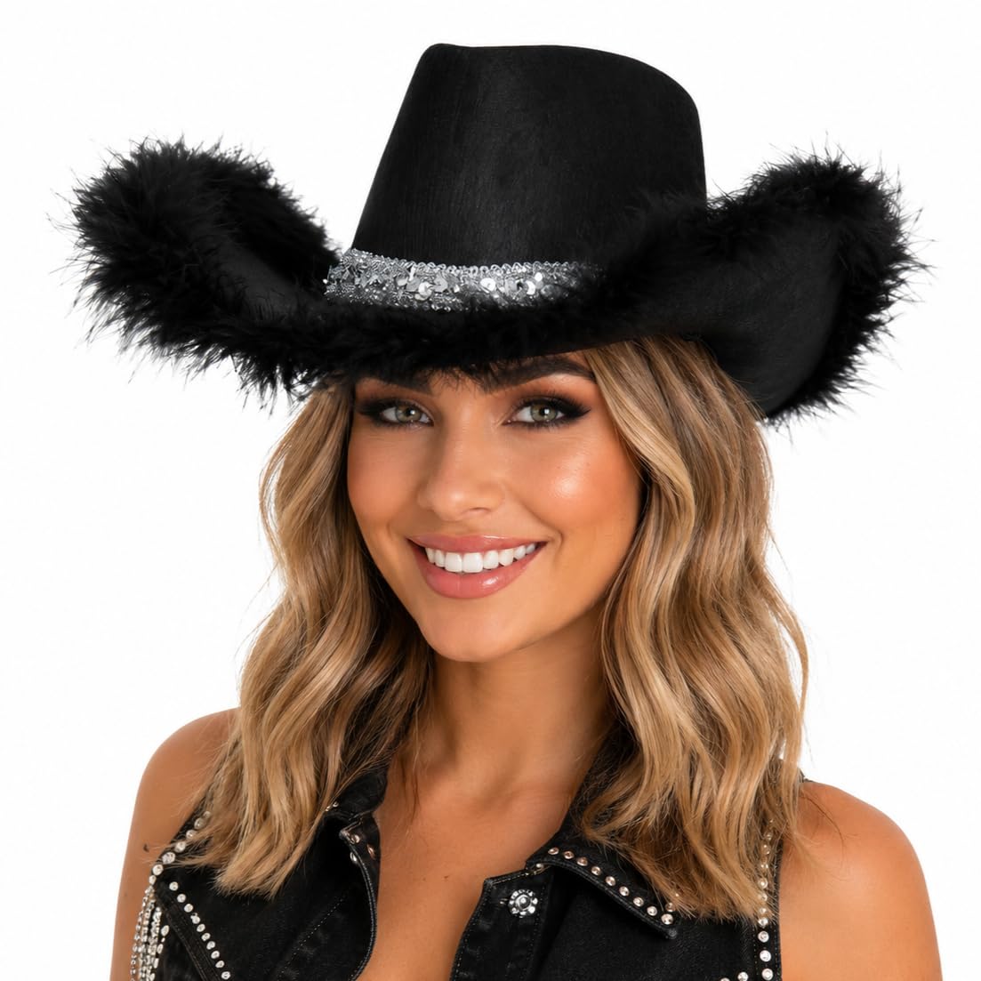 Wicked Costumes Black Sequin Cowboy Hat for Women with Feather Trim – Glam Western Cowgirl Hat for Festivals, Nashville, Disco, Rodeo & Fancy Dress Parties — image 1