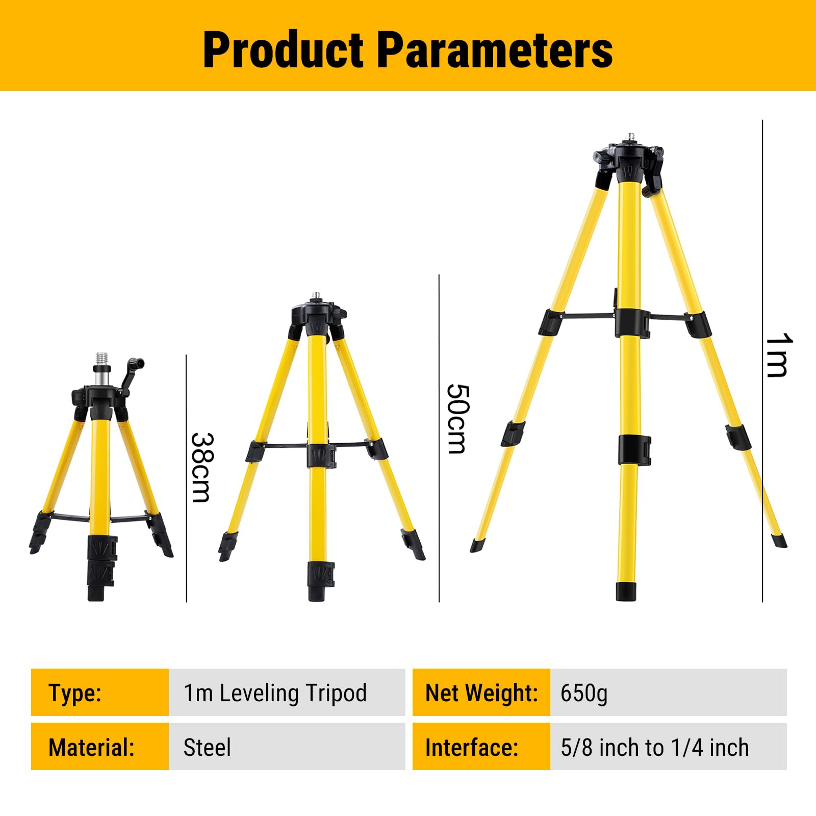 Trépied pour Niveau Laser, Support Réglable en Trois Sections, Trépieds Télescopique, 38 à 100cm de Hauteur, Filetage 5/8" pour les Appareils de Nivellement