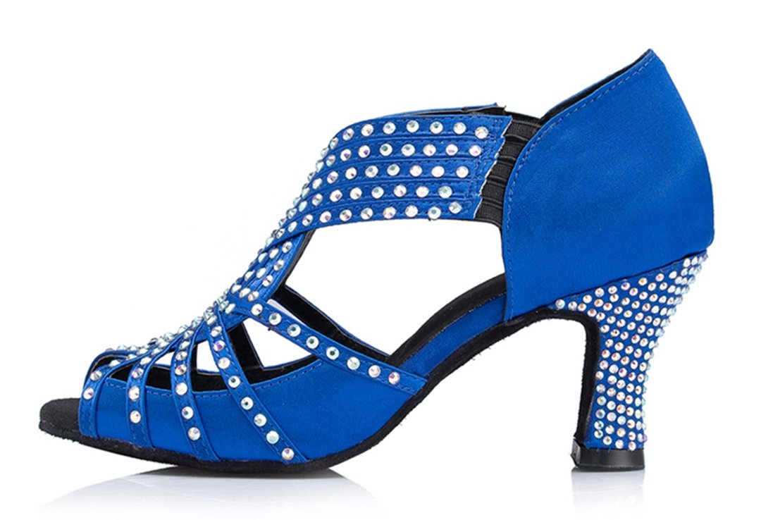 TDA Womens Zipper Mid Heel Blue Satin Crystals Latin Modern Salsa Tango Ballroom Wedding Dance Shoes 6.5 M US