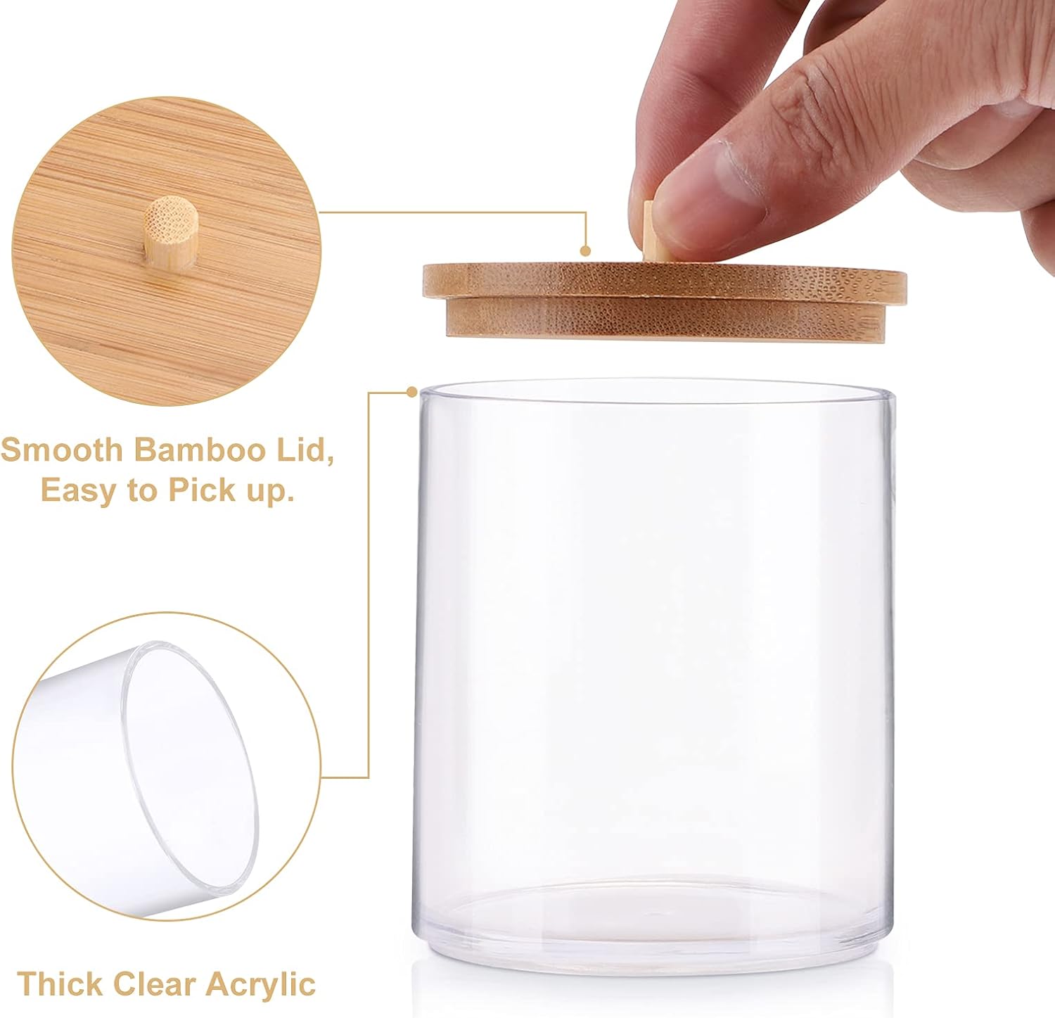 TCJJ 4 Pack Acrylic Qtip Holder Dispenser Bathroom Jars with Bamboo Lids, Cotton Ball Pad Round Swab Holder for Bathroom Accessories Storage Organizer