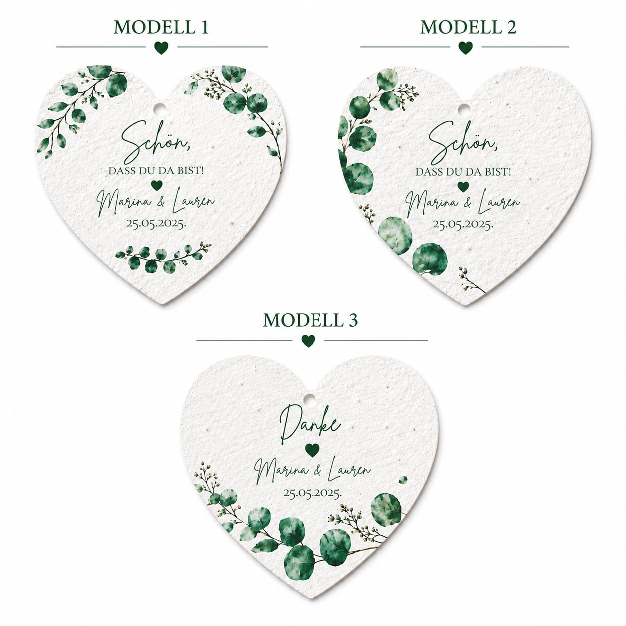 Personalisierte Samenpapier Anhänger Herz | Gastgeschenk Hochzeit nachhaltig | Mit Wildblumensamen | 6 cm | Mit oder ohne Pflanzanleitung | 3 Designs zur Auswahl (50, Ohne Pflanzanleitung)