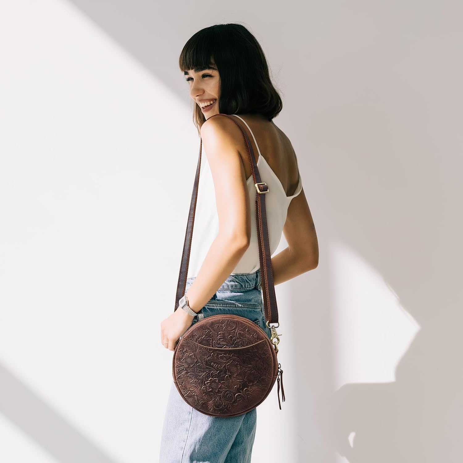 S-ZONE Leather Crossbody Bags for Women Trendy Circle Cross Body Shoulder Bag Designer Round Purses Rose Pattern Dark Brown image 3 of 7 B0CYZVH97T