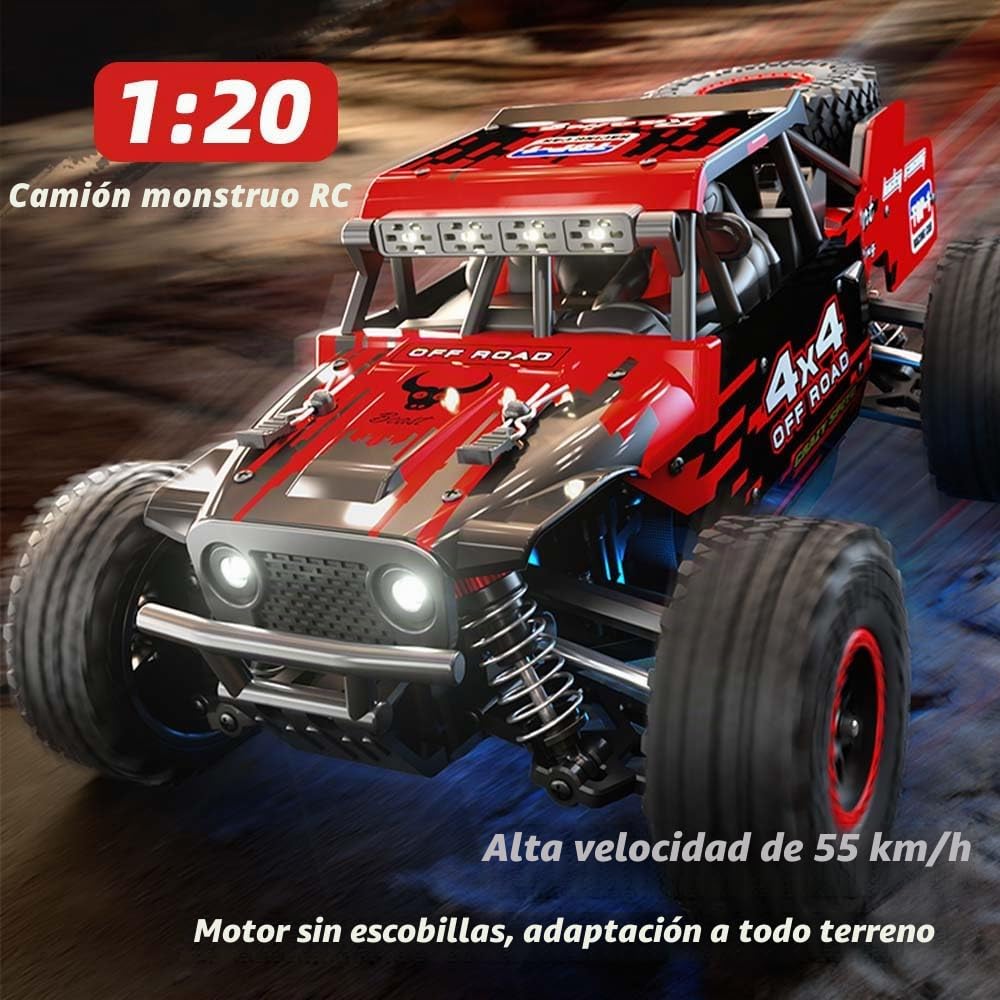 Coche teledirigido sin escobillas, 55 km/h, alta velocidad RC coche para adultos, 1:20, coche de carreras todoterreno, 4WD Drift Racing, 3 pilas (rojo)