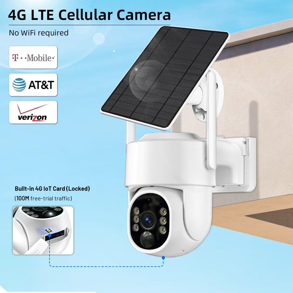 4G LTE Cellular Security Camera With Solar Panel - No WiFi Needed, 2K Color Night Vision, 360 View, Outdoor Wireless