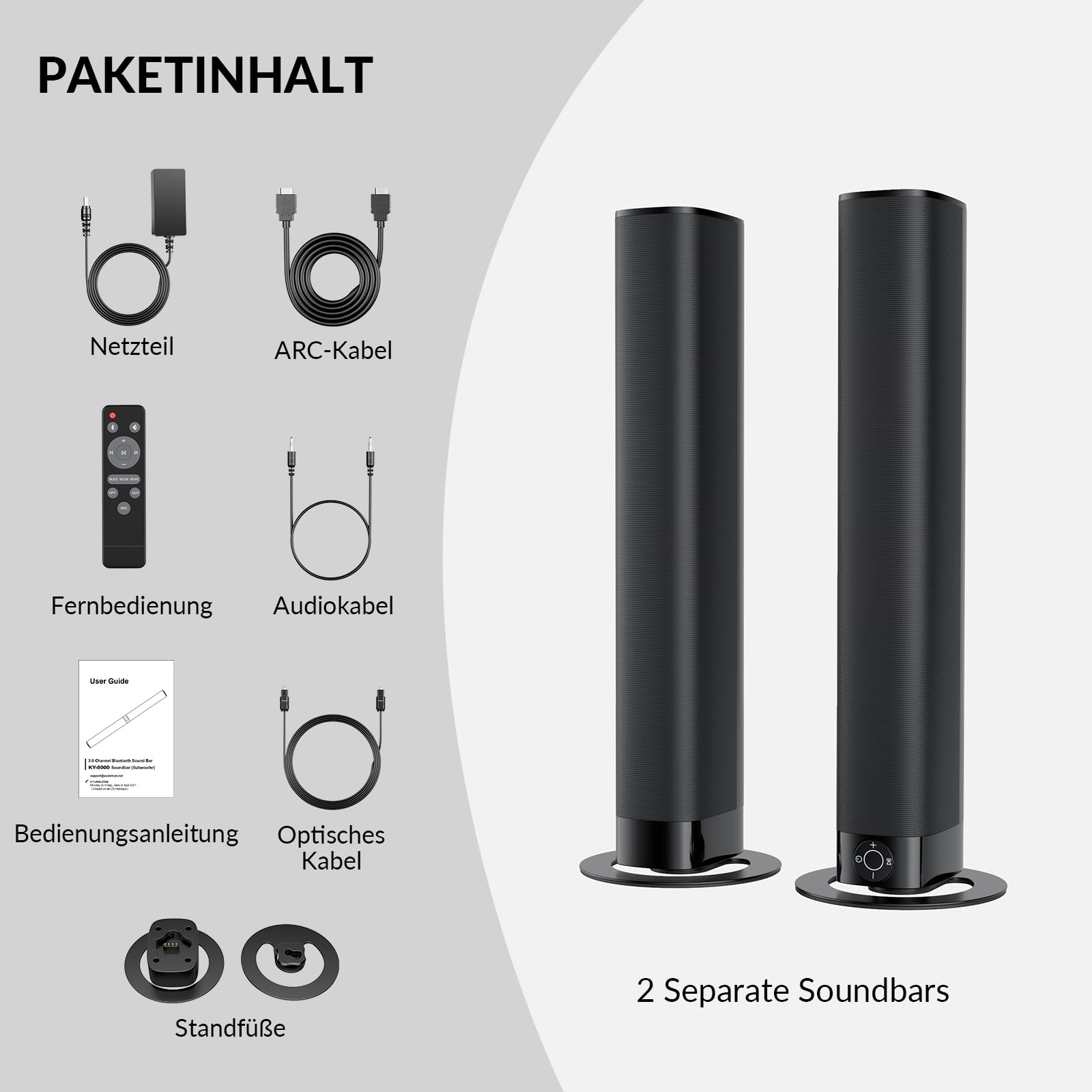 GarageRock Soundbar für TV Geräte, Teilbare 2-in-1 Set of TV Soundbar, Auto-Volume-Boost, 3 Sound Modi, Surround Soundsystem, Bluetooth 5.3, ARC/Opt/Aux, TV Lautsprecher für Fernseher, Monitor, 1pcs