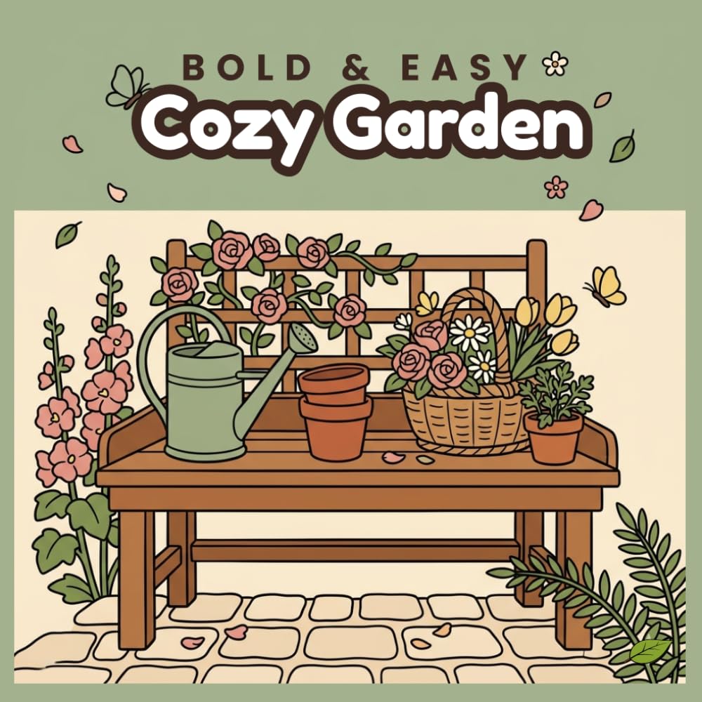 Bold & Easy Cozy Garden Coloring Book: 50 Relaxing Garden Scenes with Thick Outlines for Adults, Seniors, and Beginners | Single-Sided Pages, No Bleed-Through