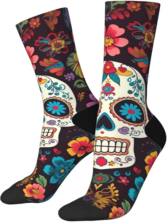 Crew Socks Breathable Cozy Boot Sock Sugar Skulls and Flowers Calf Socks Soft Athletic Sock for Hiking Sports