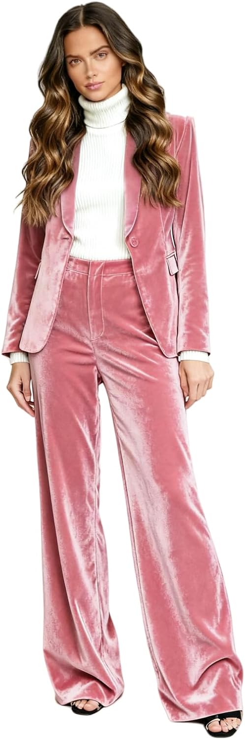 Womens Velvet 2 Piece Outfits Women's Blazer Suits Wedding Party Business Pants Sets Dressy Clothes Pink M