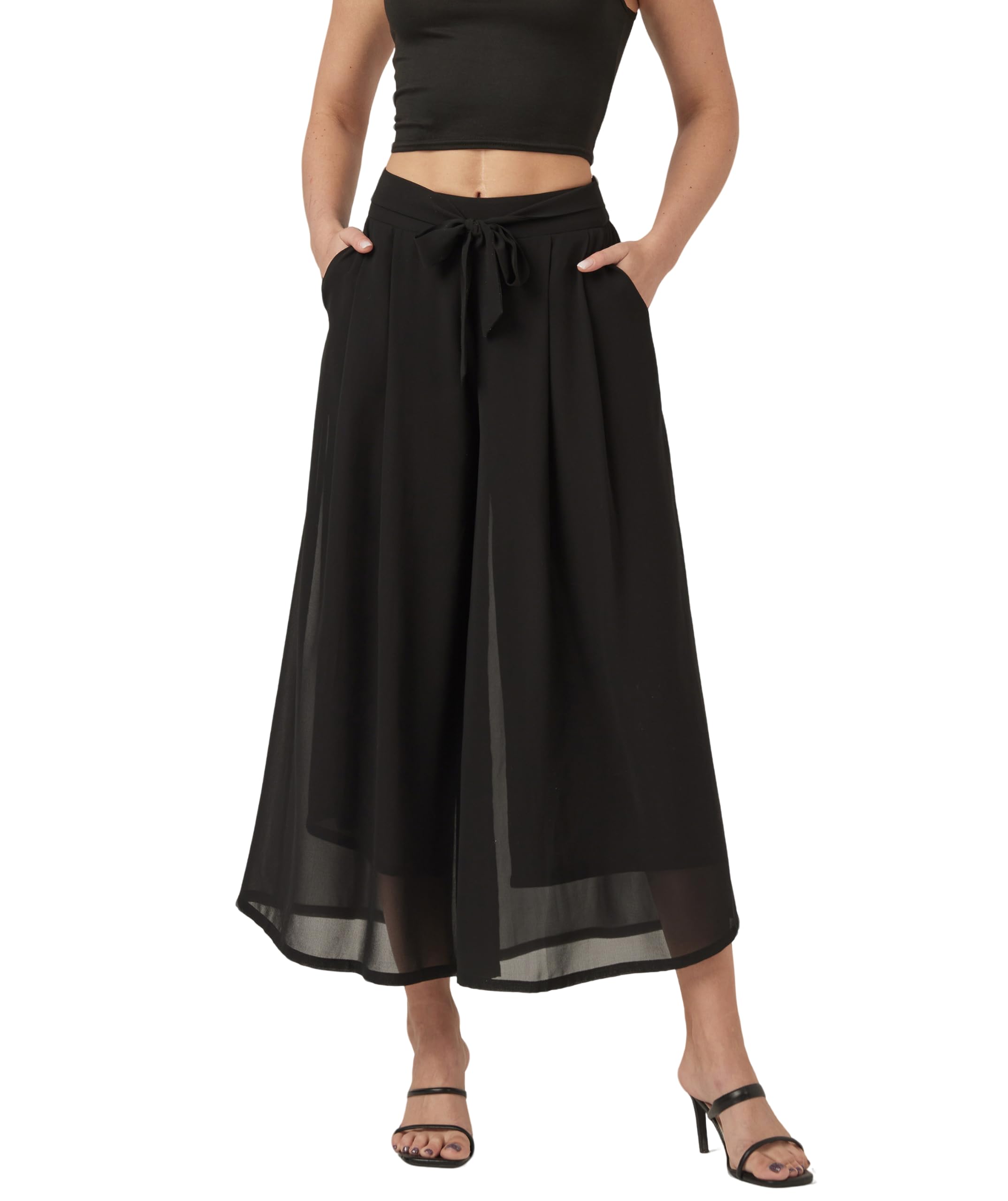 heipeiwa Womens Chiffon Wide Leg Palazzo Pants Summer Capris Crop Culotte Pants with Removable Belt Tie-Knot Beach Outfits